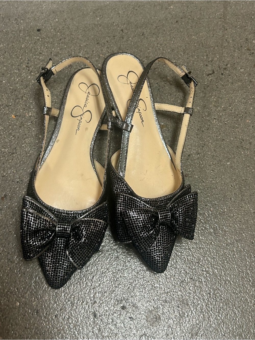Jessica Simpson Black Sparkle Pointed Slingback Flats with Bow